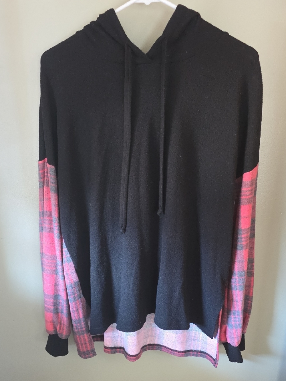 white birch Black Hoodie with Pink Plaid Sleeves